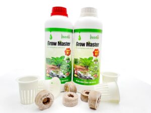 Combo 01 cặp dinh dưỡng Grow Master 2 lít, 50 rọ nhựa, 50 viên nén xơ dừa